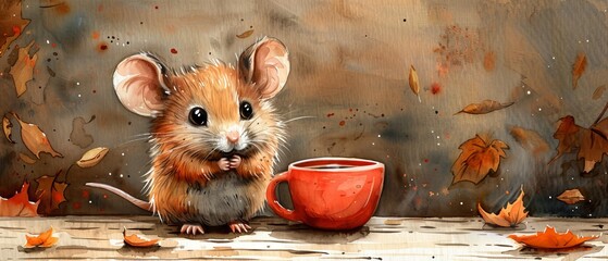 The cute little mouse has a cup of coffee, a watercolor illustration for children, a funny clipart that is great for print designs and cards. - obrazy, fototapety, plakaty