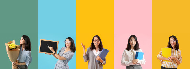 Set of female Asian teacher on color background - obrazy, fototapety, plakaty