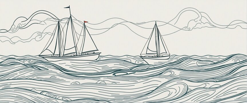 Hand draw simple line sailboat and waves in bright colours 