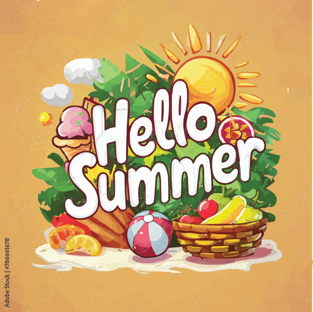 Fototapete hello summer colorful vector art illustration with different customized vector illustration art