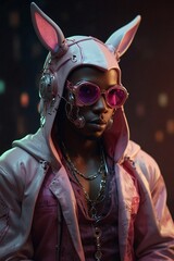 The Enigmatic Emissary: Chronicles of a Cybernetic Realm, in Shadowy Pink and White Royal Attire with Bunny Ears — An African Noir Tale