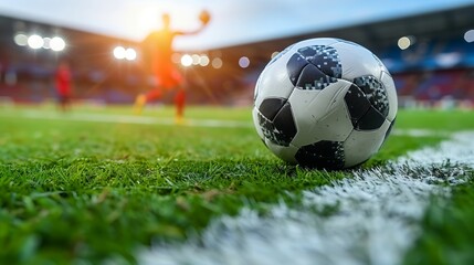 A soccer ball rests on the sideline of the soccer field - obrazy, fototapety, plakaty