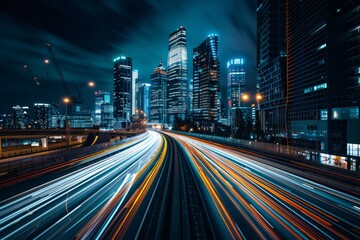 City Skyline and Light Trails on Highway
