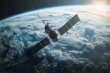 Naklejka premium Experience the tranquility of a satellite gracefully orbiting Earth, offering a breathtaking view of continents and oceans below. This serene scene symbolizes the cutting-edge technology and seamless 