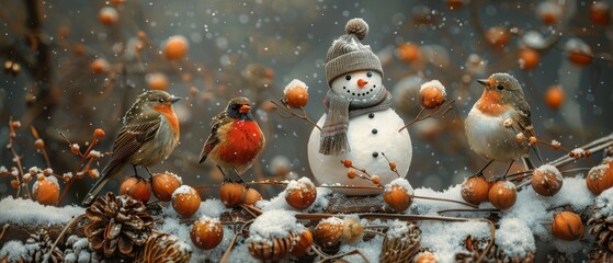 This cute snowman illustration with bullfinches is perfect for card and print designs.