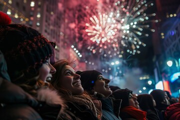 Fototapeta na wymiar Euphoric Crowd Reaction to New Year Fireworks