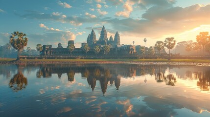 Sunrise over Angkor Wat with Reflections in Water, Siem Reap, Cambodia - obrazy, fototapety, plakaty