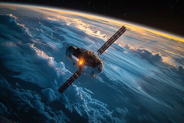 Obraz premium Experience the tranquility of a satellite gracefully orbiting Earth, offering a breathtaking view of continents and oceans below. This serene scene symbolizes the cutting-edge technology and seamless 