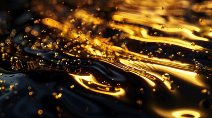 Black liquid texture background, dark waves of oil and gold shine at sunset, abstract luxury paint pattern. Concept of surface, sunshine, watercolor and wallpaper