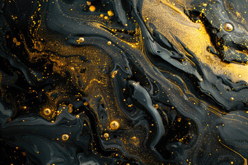 Black liquid texture background, top view of waves of oil and gold glitter, abstract luxury paint pattern. Concept of shiny marble surface, watercolor, swirl - 786662615