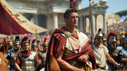 Ancient Roman warlord like Julius Caesar on army background, soldiers and general in Rome city. Concept of military, warrior, Empire, history, victory, antique