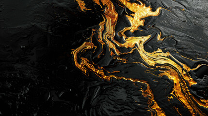 Black liquid texture background, top view of waves of oil and gold veins, abstract luxury paint pattern. Concept of shiny marble surface, swirl and wallpaper. - 786662620