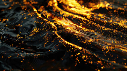 Black liquid texture background, dark waves of oil and gold shine, abstract luxury paint pattern. Concept of sunshine, watercolor, swirl and wallpaper