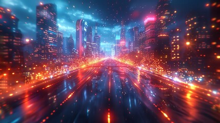 Illuminated cityscape at night with dynamic light trails and futuristic glow