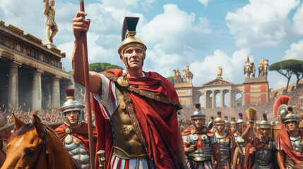 Obraz premium Ancient Roman warlord like Julius Caesar on army background, soldiers and general in Rome city. Concept of military, warrior, Empire, history, victory, antique
