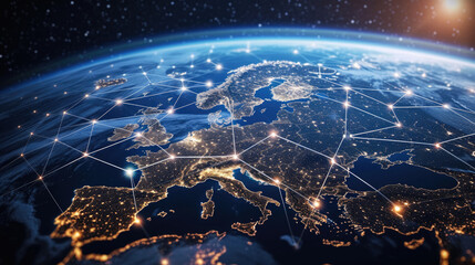World global network background, digital polygonal grid on Earth globe in space. Concept of connect, map, tech, worldwide, europe, internet,