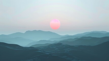 Tranquil landscape with layered mountains and pink sun