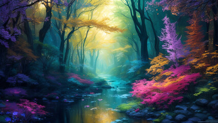 Fototapeta premium A Vibrant, Whimsical Fantasy Painting Depicting Vibrant Jewel-Toned Colorful Enchanted Fantasy Forest with a River and Lavish Flowers