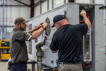 Technicians Installing Air Source Heat Pump Outdoors