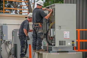 Skilled Workers Mounting an Electrical Heat Pump Unit - obrazy, fototapety, plakaty