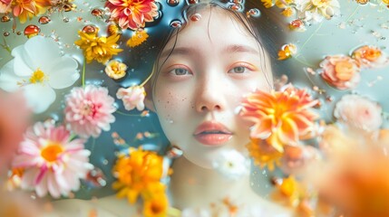 Portrait of a young beautiful Asian girl underwater in flowers. The concept of tenderness and innocence