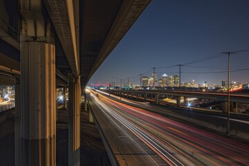 Fototapeta na wymiar City Highway at Night, Long Exposure Light Trails