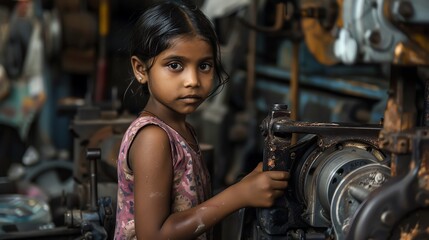 child labor exploitation in factories, sorrowful young faces amid machinery - obrazy, fototapety, plakaty