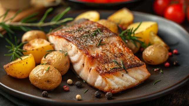 Fried fish with baked potatoes. Close-up.
