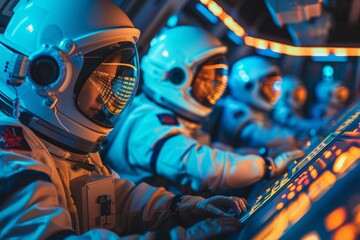 Close-Up of Astronaut in Spacecraft Simulation Environment - obrazy, fototapety, plakaty
