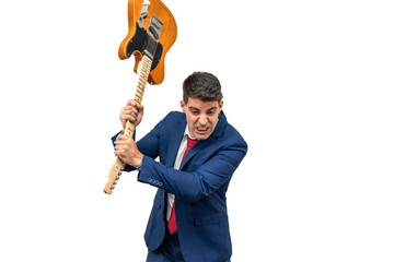 Enraged Businessman Smashing Electric Guitar white background