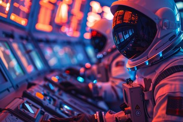 Futuristic Space Mission Training with Astronaut at the Helm - obrazy, fototapety, plakaty