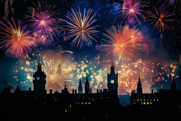 Fototapeta na wymiar Urban Skyline and Fireworks Spectacle, Colorful Evening Celebration