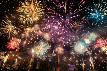 Dazzling Nighttime Firework Show Above Urban Skyline