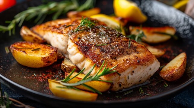 Fried fish with baked potatoes. Close-up.