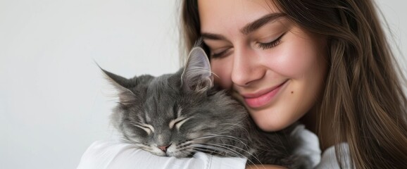 A beautiful woman with long hair holding and petting her cat, wearing white , smiling, closeup of the face, with an American Shorthair gray color cat in front