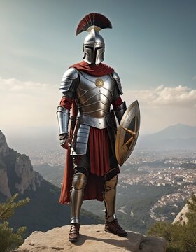 medieval spartan standing on a cliff in bright colours 