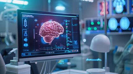 brain testing result on digital interface on laboratory or surgery background, innovative technology 