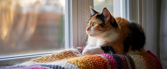 A calico cat with white paws and black spots, sitting on top of an air conditioner covered in a colorful striped blanket, looking out the window - obrazy, fototapety, plakaty