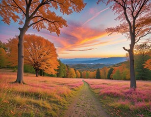 Autumn landscape wonderland forest in bright colours 