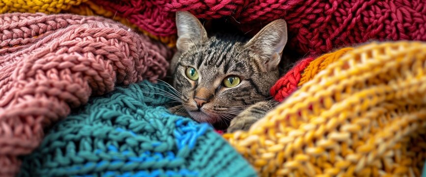 A cat is hiding under colorful knitted sweaters, knitting with its paws and peeking out from behind the pile of sweaters, professional photograph with sharp focus and very detailed