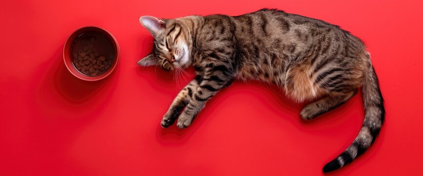 A cat lies on a red background, next to an empty bowl of food and its tail curled up. A top view angle with high definition, high resolution photography photos