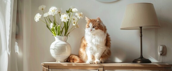 A fluffy orange and white cat sitting on top of an elegant, modern sideboard with a ceramic vase holding fresh spring flowers in it, a minimalist lamp is placed next to the end table