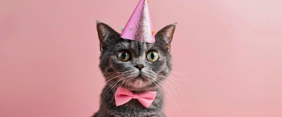 Closeup of a cute cat wearing a pink glittery birthday hat and bow tie, with a surprised expression on an isolated pastel background