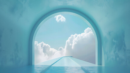 Abstract 3D rendered minimalistc blue background with a leading to heaven