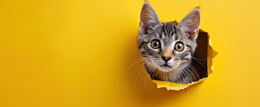 Beautiful cute cat peeks out of the hole on a yellow background with copy space for text. A grey tabby American Shorthair Cat peeking through the paper cutout hole on a bright colorful background