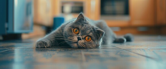 Cute Scottish Fold cat lies on the kitchen floor, yellow eyes looking at the camera, with a kitchen background, in the style of high resolution photography, stock photo