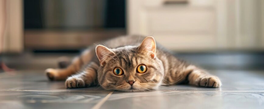 Cute Scottish Fold cat lies on the kitchen floor, yellow eyes looking at the camera, with a kitchen background, in the style of high resolution photography