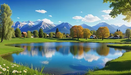 Schilderijen op glas lake in mountains in Bright Colours  © Fukurou
