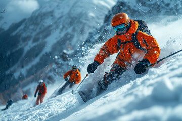 A group of friends hitting the slopes for a day of skiing and snowboarding, carving through fresh...