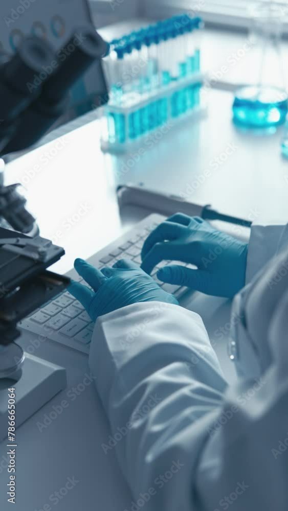 Aufkleber in this video, a scientist in a medical laboratory focuses on studying the properties of a new thera